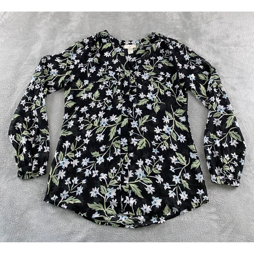 Loft Outlet Womens Small Black Floral Sheer Utility Blouse Long Sleeve V-Neck